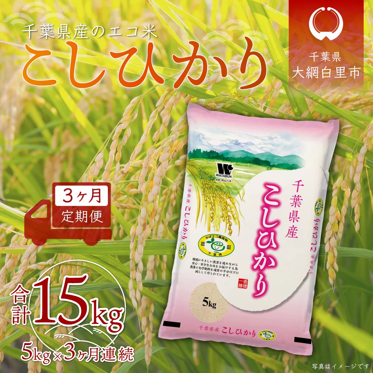 ＜3ヶ月定期便＞千葉県産エコ米「コシヒカリ」5kg×3ヶ月連続 計15kg A022