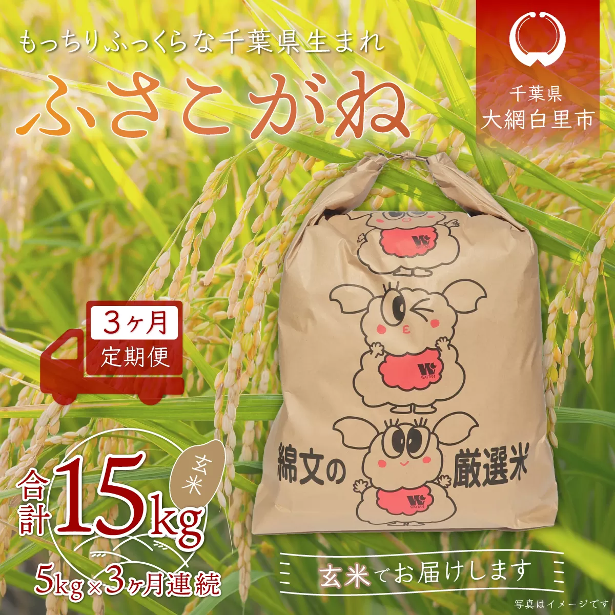 ＜3ヶ月定期便＞千葉県産「ふさこがね」玄米5kg×3ヶ月連続 計15kg A016