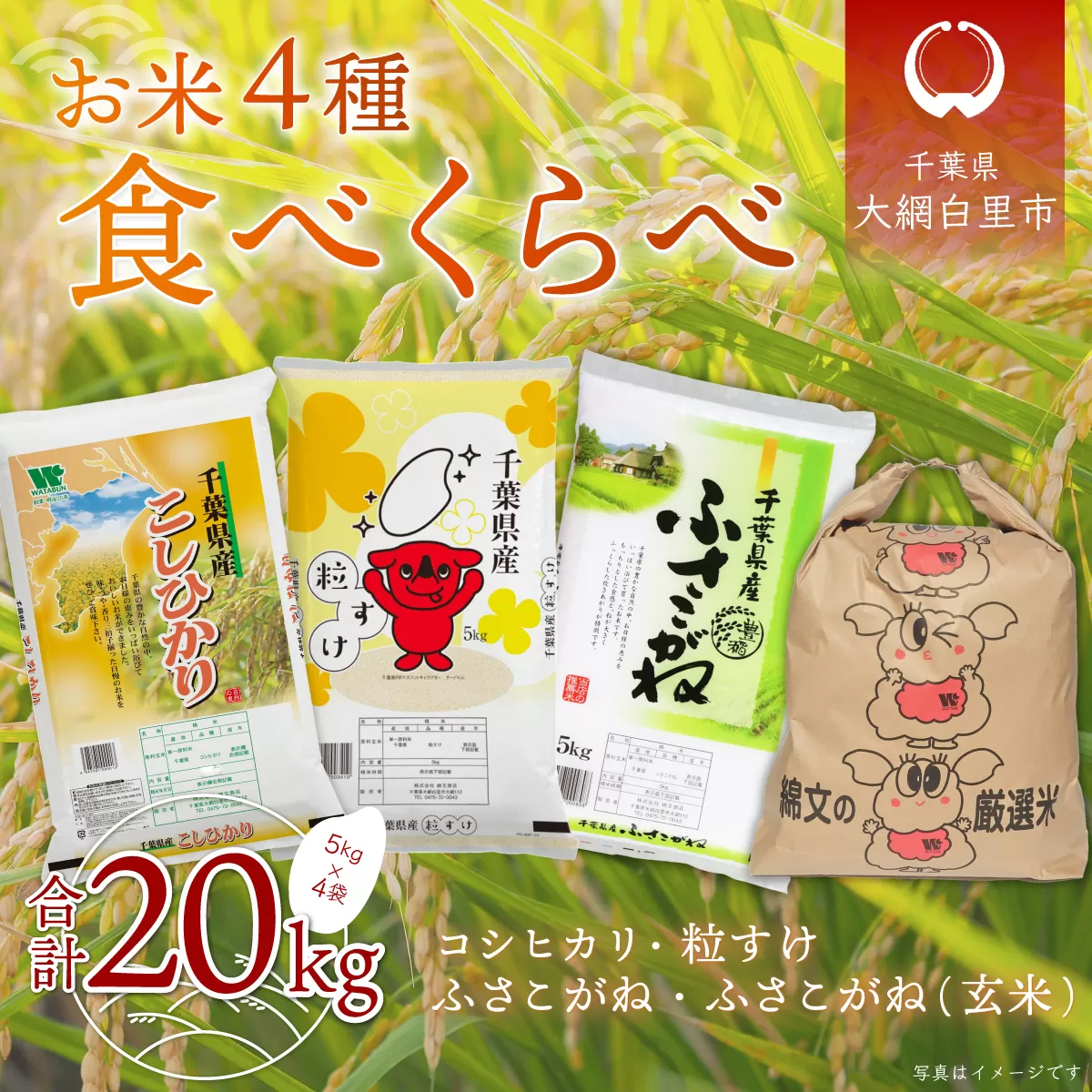 令和6年産 お米4種食べくらべ 20kg（コシヒカリ、粒すけ、ふさこがね、ふさこがね玄米）各種5kg×1袋 A037