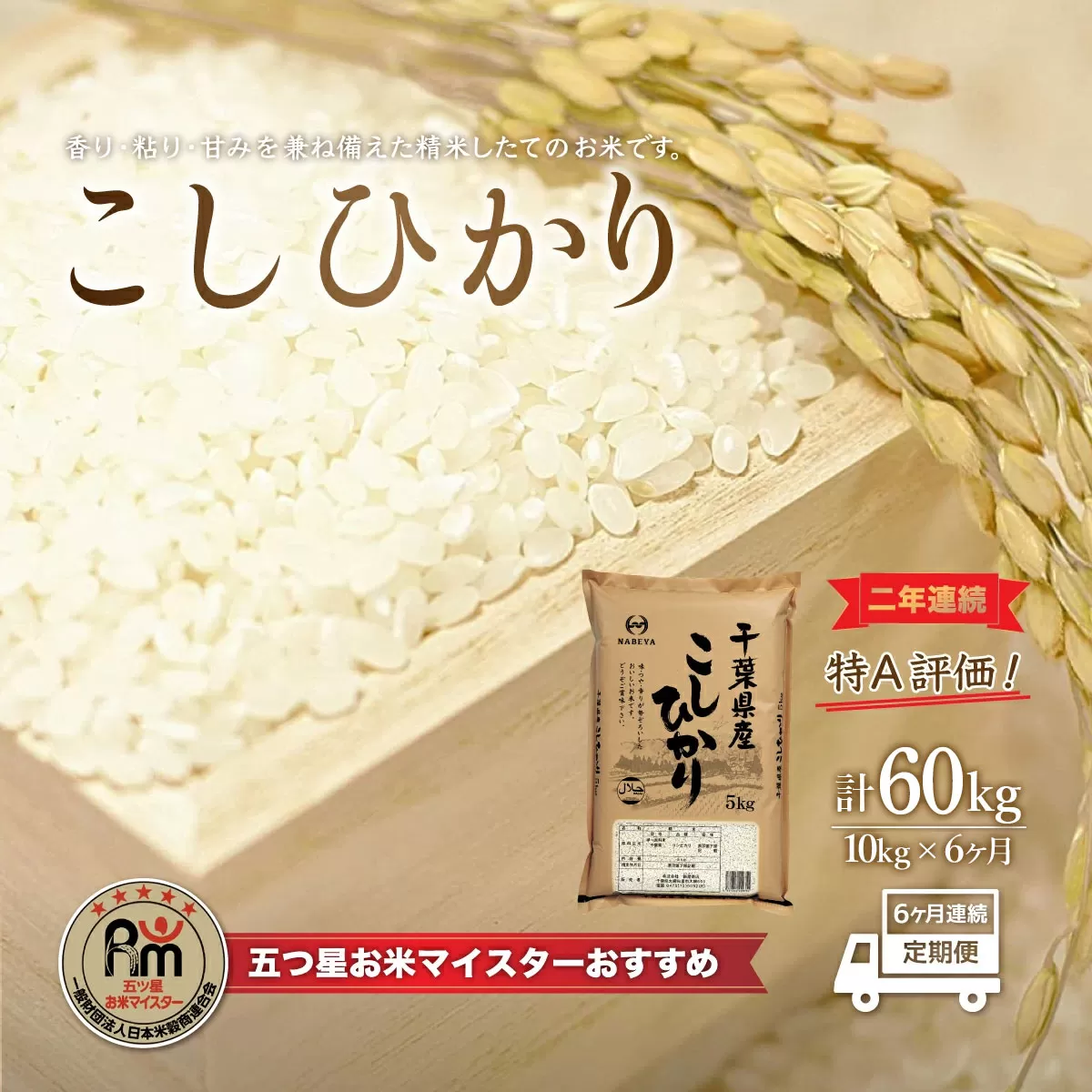 ＜6ヶ月定期便＞2年連続特A評価！千葉県産コシヒカリ10kg×6ヶ月連続 計60kg E021