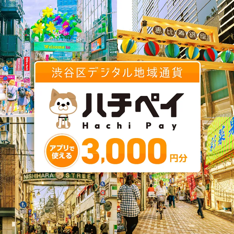 渋谷区デジタル地域通貨「ハチペイ」3,000円分 【109001】 渋谷 表参道 原宿 恵比寿 代官山 飲食 ホテル 観光 レジャー PAY アプリ キャッシュレス スマホ ポイント ポイ活 便利 簡単 支払い