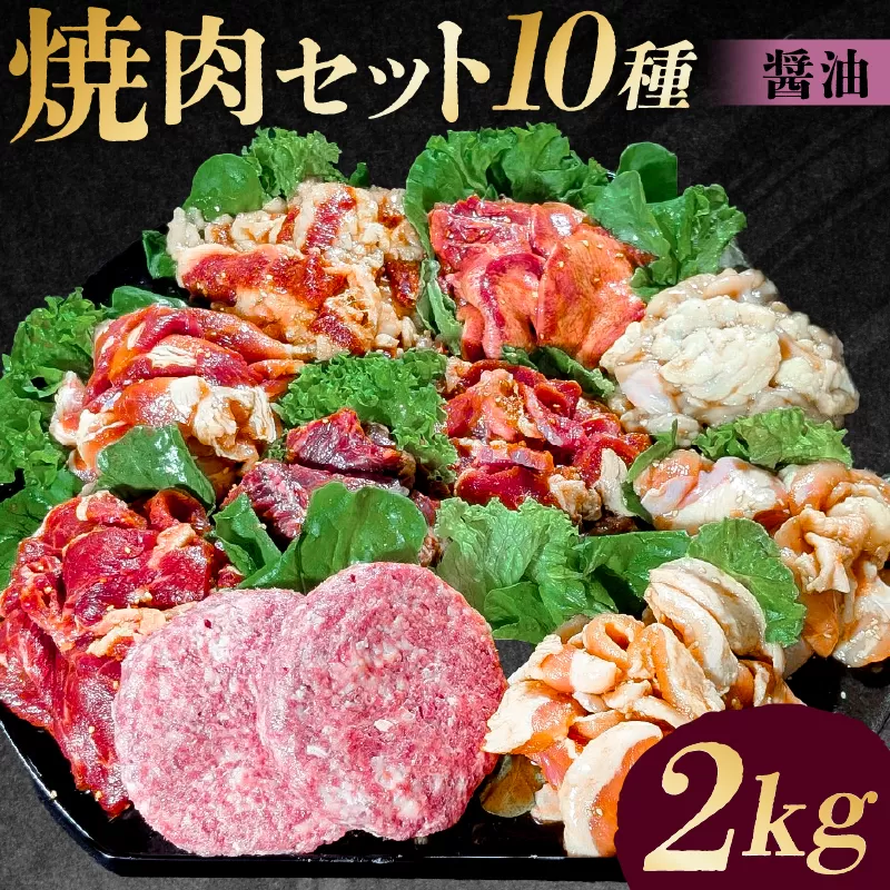 焼肉セット10種(醤油)【195010】味付け 醤油 簡単 2kg BBQ バーベキュー 牛タン 牛カルビ 牛ウデ 牛肩ロース 牛さがり 豚トロ ハンバーグ ホルモン 鶏もも 豚カルビ 小分け 冷凍保存