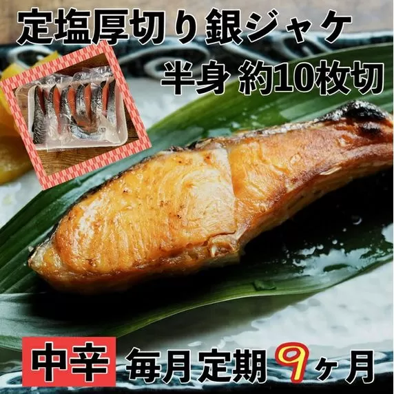 【中辛】【毎月9ヶ月 定期便】厚切り銀鮭 半身1枚 約10枚切【鮭 塩鮭 サケ 焼き魚 魚 おつまみ 惣菜 海鮮 珍味 お取り寄せ 御中元 お中元 お歳暮 父の日 母の日 贈り物 日本酒 焼酎】