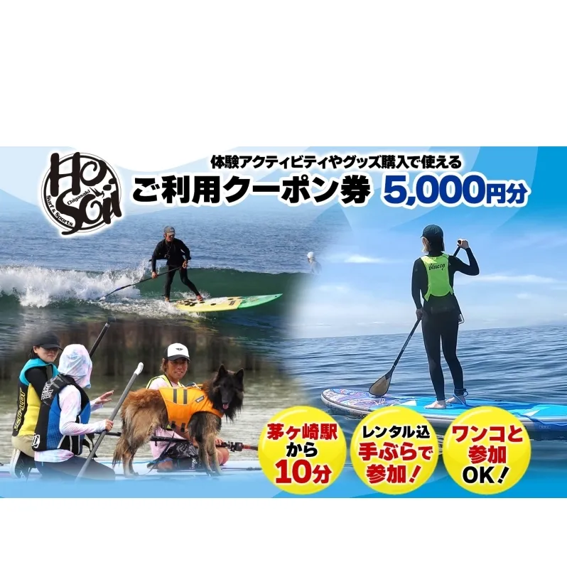 HosoiiSurf＆Sports クーポン券 5000円分 サーフィン SUP 体験 休日 夏休み 海 ビーチ 犬と一緒 駅チカ夏 SUP釣り サーフボード チケット 神奈川県 茅ヶ崎市