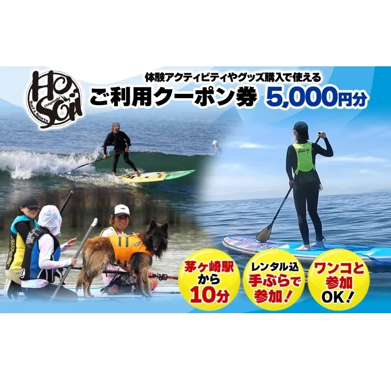 HosoiiSurf＆Sports クーポン券 5000円分 サーフィン SUP 体験 休日 夏休み 海 ビーチ 犬と一緒 駅チカ夏 SUP釣り サーフボード チケット 神奈川県 茅ヶ崎市