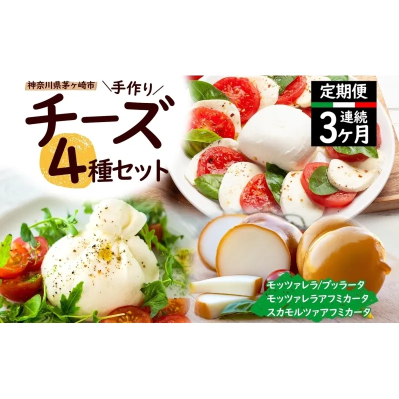  3ヶ月定期便 チーズ 4種 詰め合わせ 各1個 Osteria e Bottega S モッツァレラ ブラッターチーズ スカモルツァアフミカータ 神奈川県 茅ケ崎市 加工食品 乳製品 牛乳 手作業 ミルク 銀賞 幻のチーズ スモーク 塩漬け 美味しい  おつまみ ピザ 