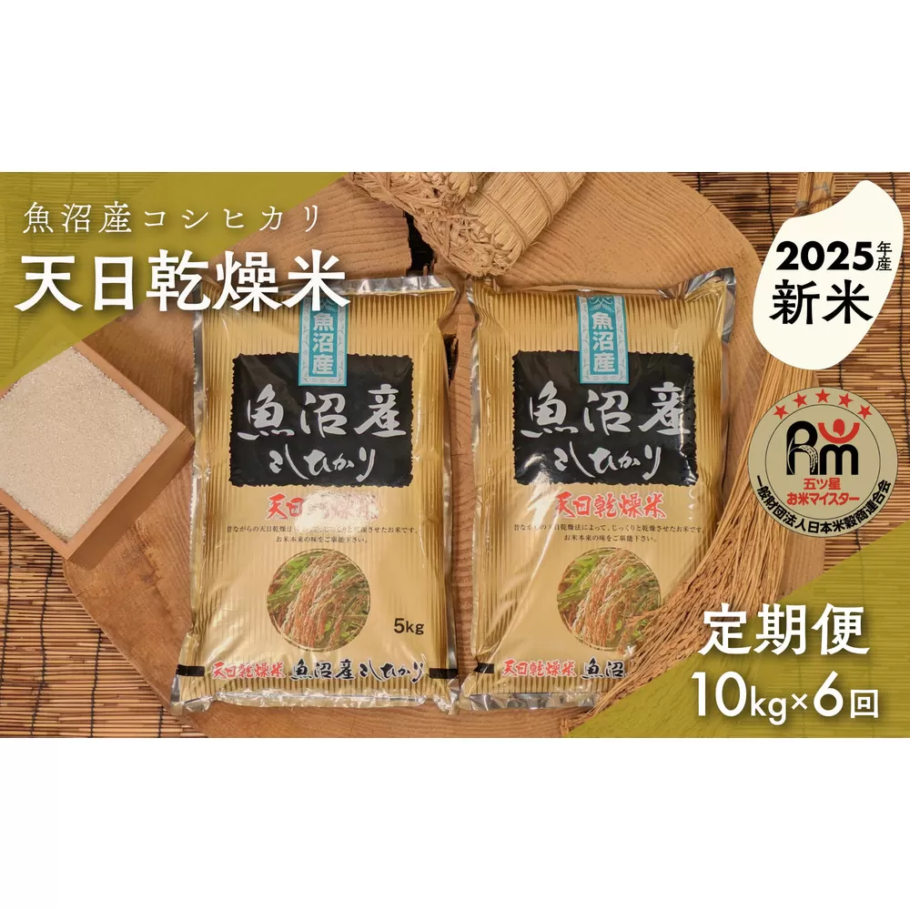 【新米】【毎月定期便】令和7年産「五つ星お米マイスター」厳選 天日干し魚沼産コシヒカリ 精米10kg(5kg×2個)×6回