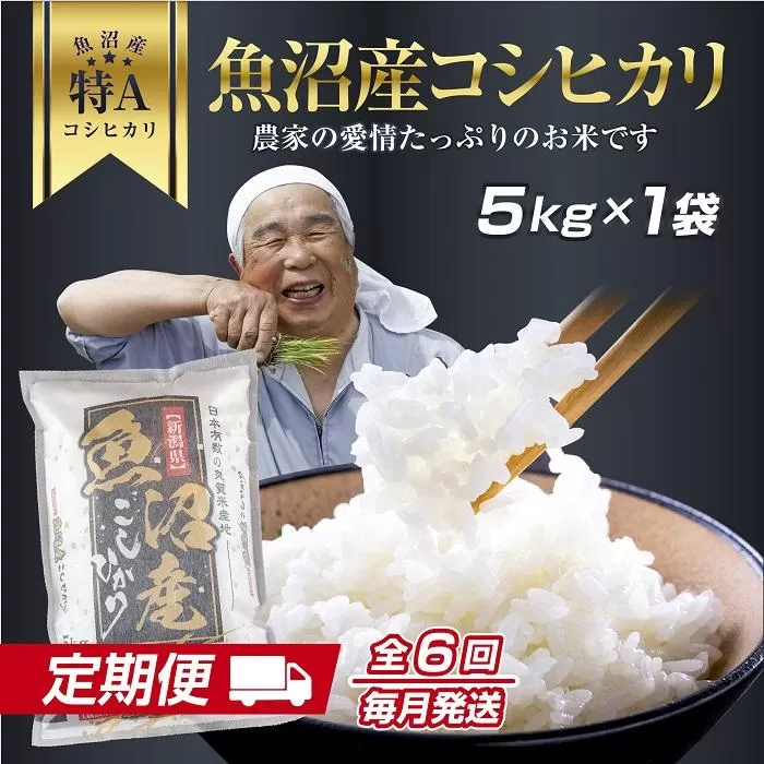 DH09 【定期便】 新潟県 魚沼産 コシヒカリ お米  5kg×計6回 精米済み 半年 毎月発送 こしひかり（お米の美味しい炊き方ガイド付き）