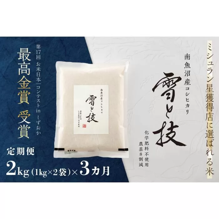 ≪ 令和7年産 新米 予約 ≫【 定期便 】 2kg ×3ヶ月 最高金賞受賞 南魚沼産コシヒカリ 雪と技　農薬8割減・化学肥料不使用栽培
