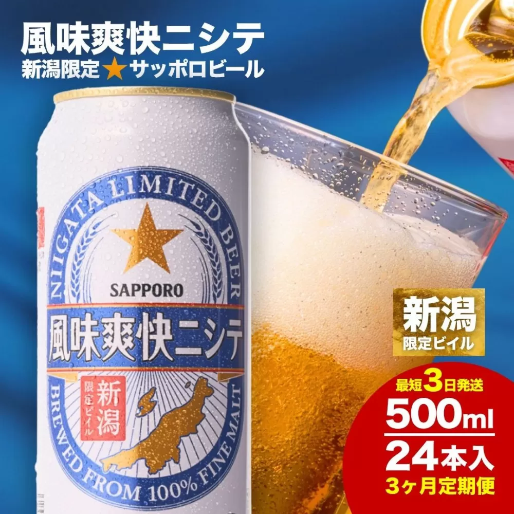 【3ヶ月定期便】新潟限定ビイル 風味爽快ニシテ（サッポロ） 500ml×24本