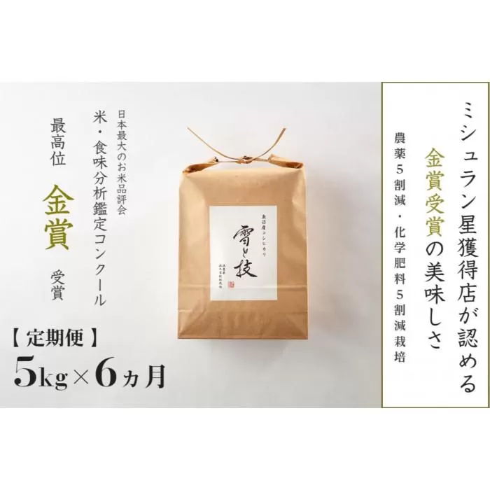 ≪ 令和7年産 新米 予約 ≫【 定期便 】 5kg ×6ヶ月 金賞受賞 魚沼産コシヒカリ 雪と技　農薬5割減・化学肥料5割減栽培