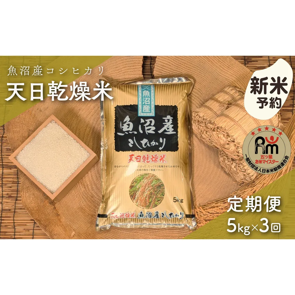 【新米予約】【毎月定期便】令和８年産「五つ星お米マイスター」厳選　天日干し魚沼産コシヒカリ　精米５kg×３回