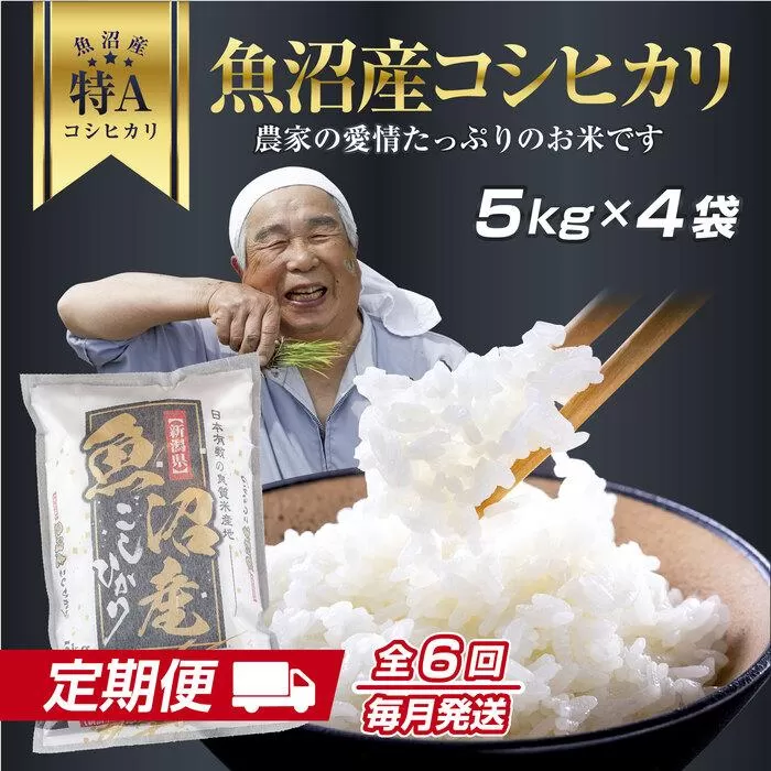 DH11 【定期便】 新潟県 魚沼産 コシヒカリ お米  20kg×計6回 精米済み 半年 毎月発送 こしひかり（お米の美味しい炊き方ガイド付き）