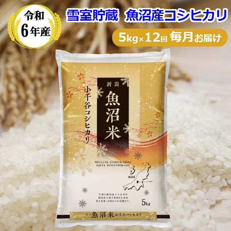 ki180P371 【令和6年産 定期便】雪室貯蔵 魚沼産コシヒカリ5kg×12回コース（毎月お届け）魚沼 米 定期便