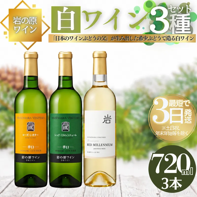 ワイン 岩の原ワイン 希少ぶどう品種 白 3本 セット お酒 おすすめ 岩の原 ふるさと納税 酒 新潟 上越