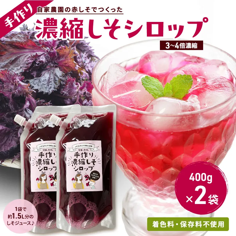 しそジュース 赤しそ シロップ 濃縮 400g 2袋 セット 3倍希釈 手作り 紫蘇ジュース 紫蘇 赤紫蘇 赤シソ しそ 着色料不使用 保存料不使用 国産 新潟県 上越市 土の香工房
