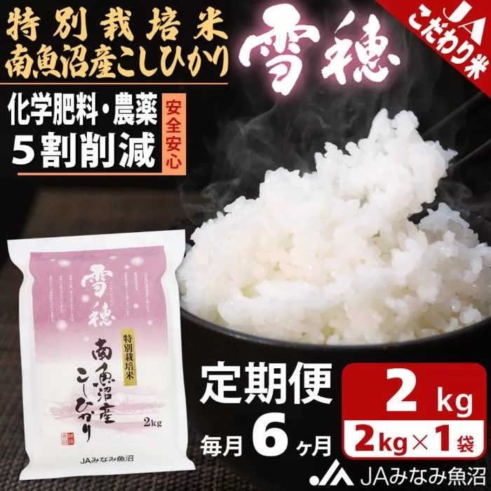 【JAみなみ魚沼定期便】特別栽培米南魚沼産こしひかり「雪穂」（2kg×全6回）精米 農薬5割削減 精米HACCP認定工場 特A獲得日本一産地 高品質精米 もっちり甘い 南魚沼産コシヒカリ