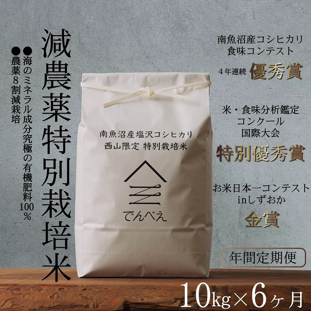 【定期便隔月お届け令和7年産新米予約】南魚沼食味コンクール4年連続優秀賞　減農薬特別栽培米10kg×6回　南魚沼塩沢産コシヒカリ【2025年9月中旬より順次発送予定】
