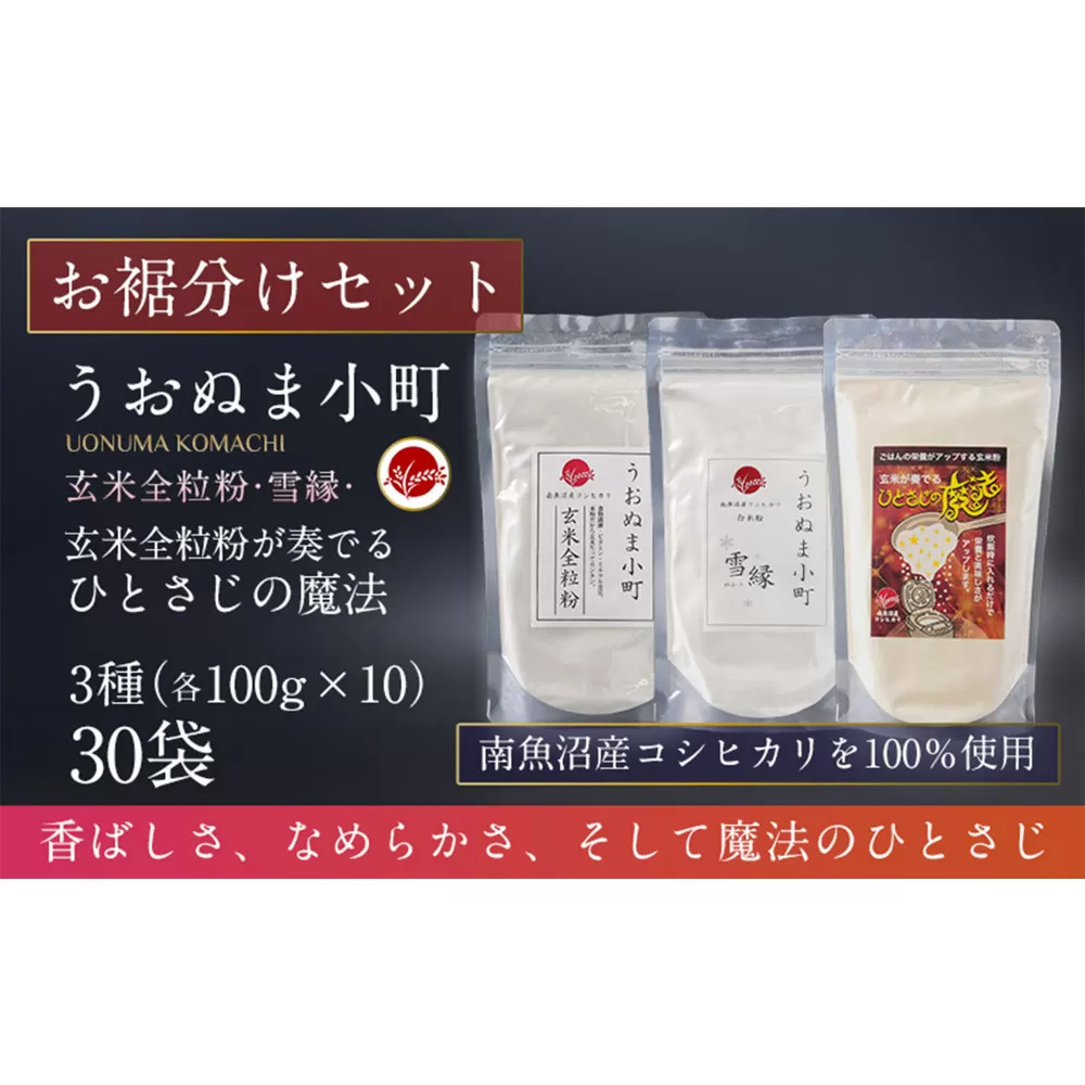 米粉の最高峰　品質・高性能米粉3種　お裾分けセット　うおぬま町・うおぬま小町 雪縁（ゆかり）・玄米が奏でるひとさじの魔法 各100g 10セット