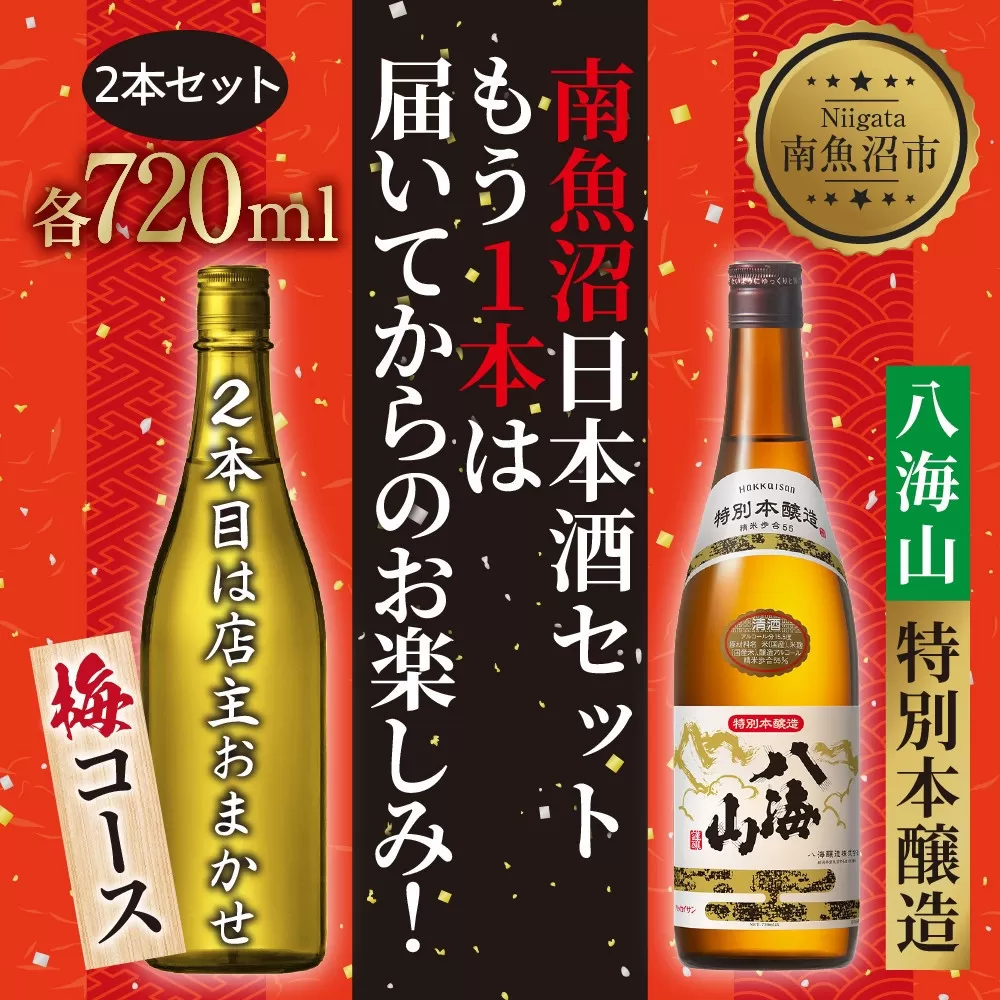 1本は店主のお任せ 南魚沼産酒ガチャ2本セット 梅コース 八海山特別本醸造 お楽しみ 2本 720ml 鶴齢 日本酒 酒 お酒 おさけ さけ おまかせ お任せ 贈答品 プレゼント お祝い 送料無料 新潟県 南魚沼市 金田屋酒店