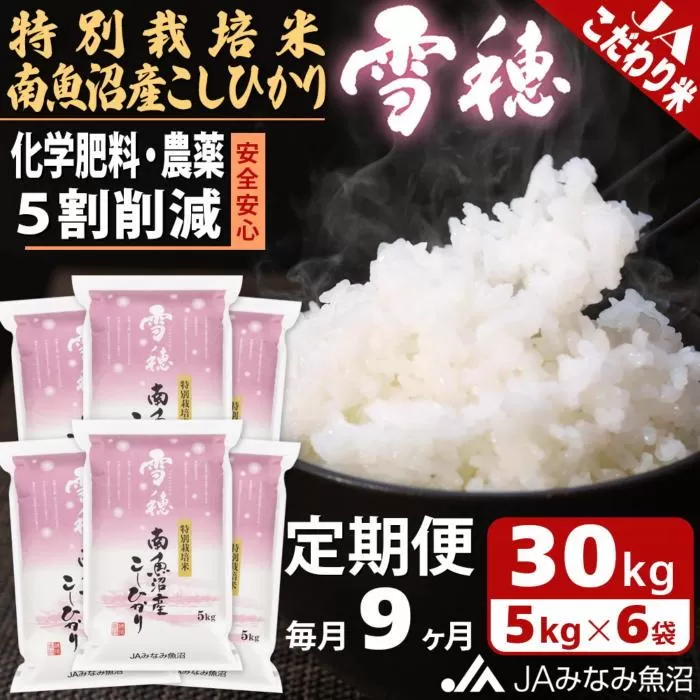 【JAみなみ魚沼定期便】特別栽培米南魚沼産こしひかり「雪穂」（30kg×全9回）精米 農薬5割削減 精米HACCP認定工場 特A獲得日本一産地 高品質精米 もっちり甘い 南魚沼産コシヒカリ