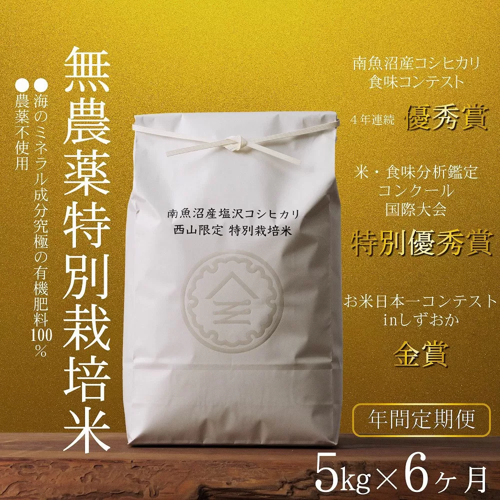 【定期便隔月お届け令和7年産新米予約】南魚沼食味コンクール4年連続優秀賞　無農薬特別栽培米5kg×6回　南魚沼塩沢産コシヒカリ【2025年10月中旬より順次発送予定】