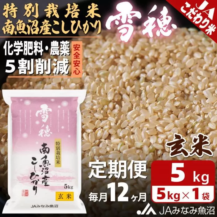 【JAみなみ魚沼定期便】特別栽培米南魚沼産こしひかり「雪穂」玄米（5kg×全12回）農薬5割削減 調整玄米 精選玄米 特A獲得日本一産地 高品質精米 もっちり甘い 南魚沼産コシヒカリ