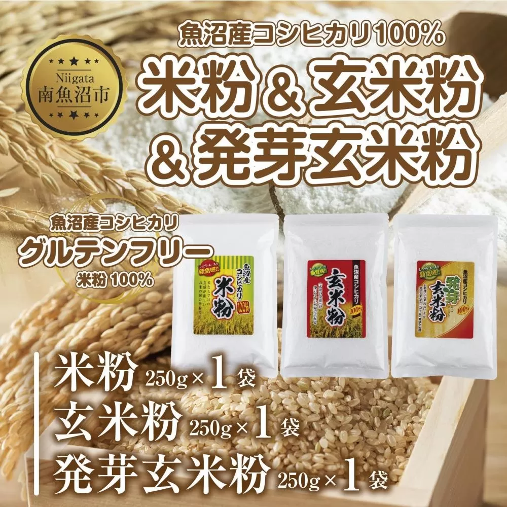 ES491 新潟県産 米粉 発芽玄米粉 玄米粉 各250g 計750g  魚沼産 コシヒカリ 玄米 アレルギー グルテンフリー GABA お取り寄せ 製菓材料 パン作り 製菓 コパフーズ 新潟県 南魚沼市