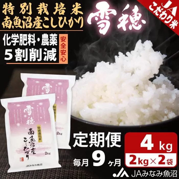 【JAみなみ魚沼定期便】特別栽培米南魚沼産こしひかり「雪穂」（2kg×2袋×全9回）精米 農薬5割削減 精米HACCP認定工場 特A獲得日本一産地 高品質精米 もっちり甘い 南魚沼産コシヒカリ