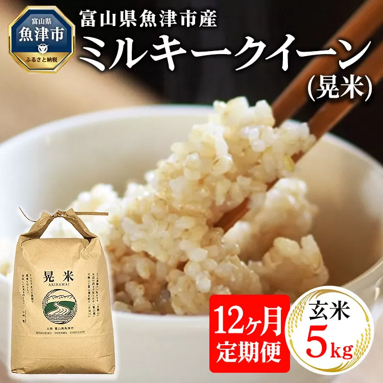 【12ヶ月定期便】【令和6年度米】「魚津のミルキークイーン（晃米）」5kg（玄米） ｜新米 環境配慮 MK農産 お米 ブランド米 銘柄米 玄米 ご飯 おにぎり 産地直送 甘み 粘り もちもち ※2024年10月下旬頃より順次発送予定 ※北海道・沖縄・離島への配送不可