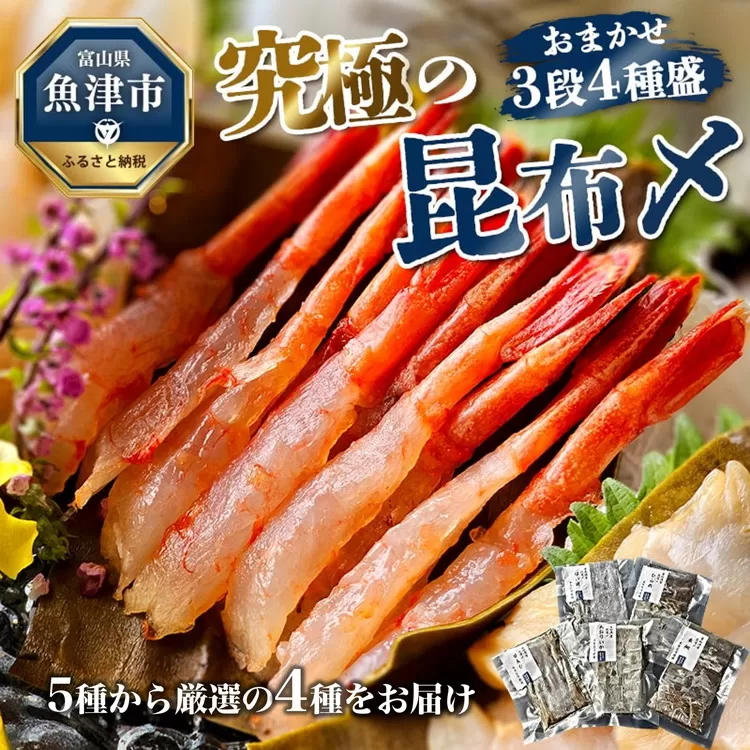 究極の昆布〆、お任せ3段4種盛（急速冷凍品）魚卸問屋はりたや 富山県魚津市 昆布締め こぶじめ 刺身 天然昆布