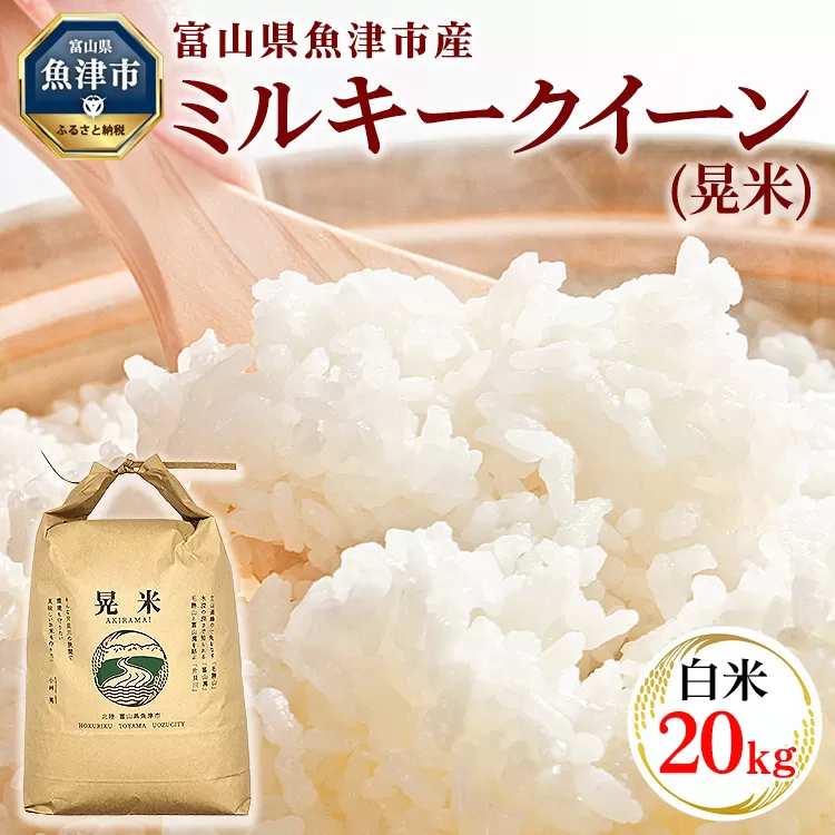 【令和7年度米】【先行予約】【農家直送】環境配慮「魚津のミルキークイーン（晃米）」20kg（白米） ｜新米 MK農産 白米 銘柄米 ブランド米 ご飯 おにぎり お弁当 和食 主食 国産 産地直送 甘み 香り もちもち  ※2025年9月中旬頃より順次発送予定 ※北海道・沖縄・離島への配送不可