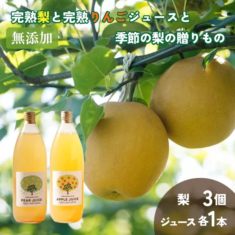 無添加・完熟梨と完熟りんごジュースと季節の梨の贈りもの（りんご・梨ジュース各1本・品種おまかせ梨3個） ※北海道・沖縄・離島への配送不可 ※2025年8月上旬～10月上旬頃に順次発送予定
