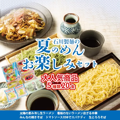 夏のめんお楽しみセット(5種類20食分)|焼きそば 中華ざる ラーメン 石川製麺 ※北海道・沖縄・離島への配送不可