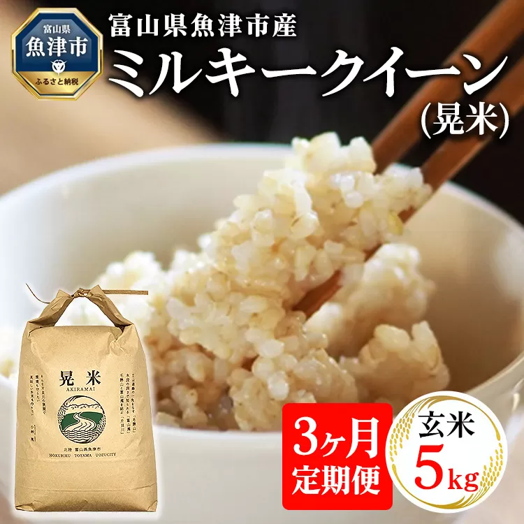 【3ヶ月定期便】【令和6年度米】「魚津のミルキークイーン（晃米）」5kg（玄米） ｜新米 環境配慮 MK農産 お米 ブランド米 銘柄米 玄米 ご飯 おにぎり 産地直送 甘み 粘り もちもち ※2024年10月下旬頃より順次発送予定 ※北海道・沖縄・離島への配送不可