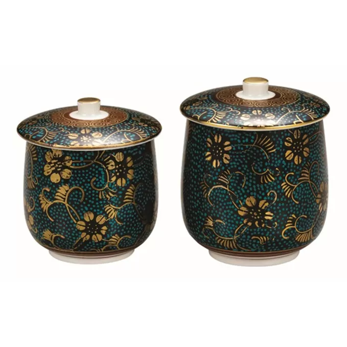 九谷焼 蓋付組湯呑・青粒鉄仙（2個セット） a03 工芸品 民芸品 伝統技術 