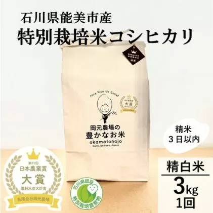 【日本農業賞大賞】特別栽培米コシヒカリ3kg精白米 お米 ライス ご飯 主食 おにぎり お弁当 石川県産 能美市産 産地直送 