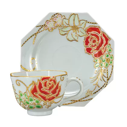 九谷焼 カップ＆ソーサー/バラ a04 工芸品 コーヒーカップ ティーカップ 結婚 引き出物 金婚式 誕生日プレゼント 還暦祝い 古希 喜寿 米寿 退職 定年 プレゼント お祝い お返し お礼 