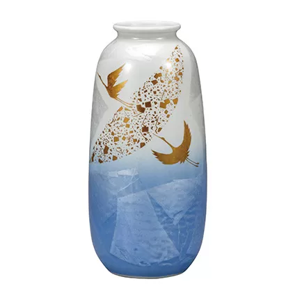 九谷焼 8号花瓶/銀彩鶴紋 a05 工芸品 伝統工芸 壺 インテリア 置物 木箱 