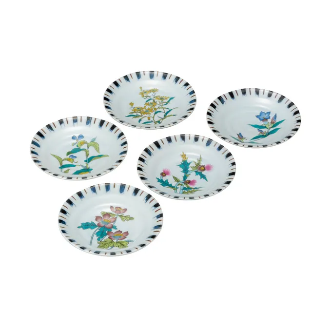 九谷焼　4.5号皿揃　草花絵変り （5枚セット）a01 食器 キッチン雑貨 キッチンアイテム 雑貨 小物 お皿 丸皿 食卓 テーブルコーディネート 