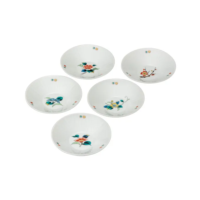 九谷焼　4.5号皿揃　草花絵変り （5枚セット）a01 食器 キッチン雑貨 キッチンアイテム 雑貨 小物 お皿 丸皿 食卓 テーブルコーディネート 取り皿 