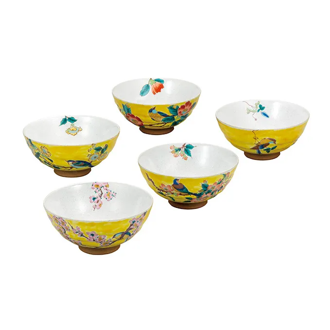 九谷焼　 5客飯碗　吉田屋花鳥絵変り　a02 