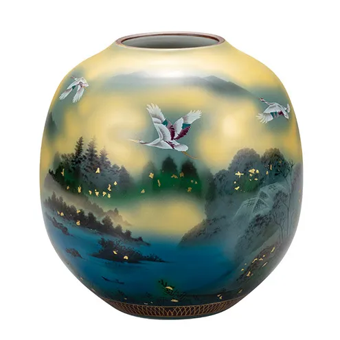 九谷焼　8号花瓶　金箔鶴山水 a05 