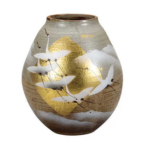 九谷焼　7.5号花瓶　金箔群鶴　山田登陽志 a05 