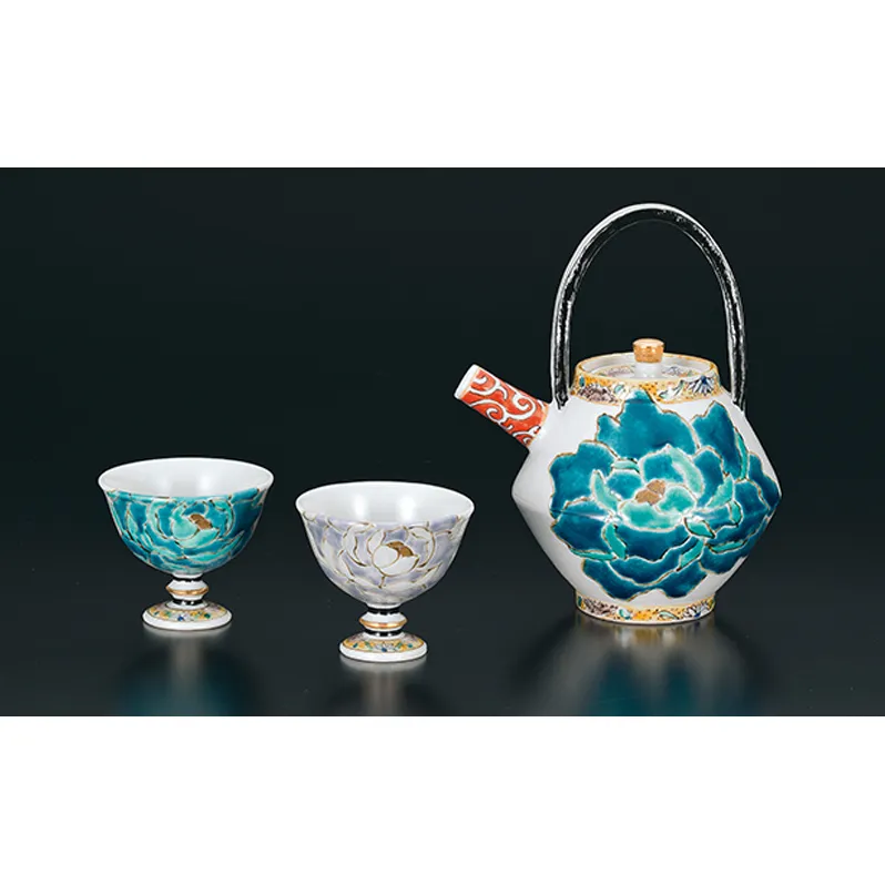 酒器揃　碧紫牡丹図　佐藤剛志 民芸品 工芸品 雑貨 日用品 徳利 お猪口 鮮やか 