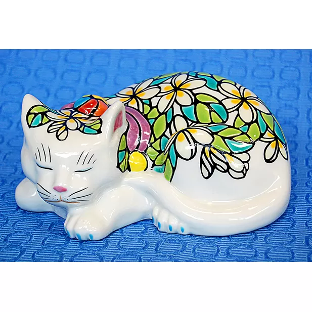 九谷焼「眠り猫 プルメリア」糠川孝之作 a05 民芸品 工芸品 インテリア 