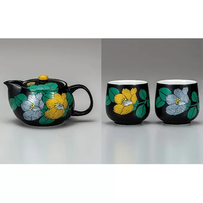 九谷焼　ポット急須・組湯呑　金銀彩椿（網付） a03 インテリア 工芸品 装飾品 