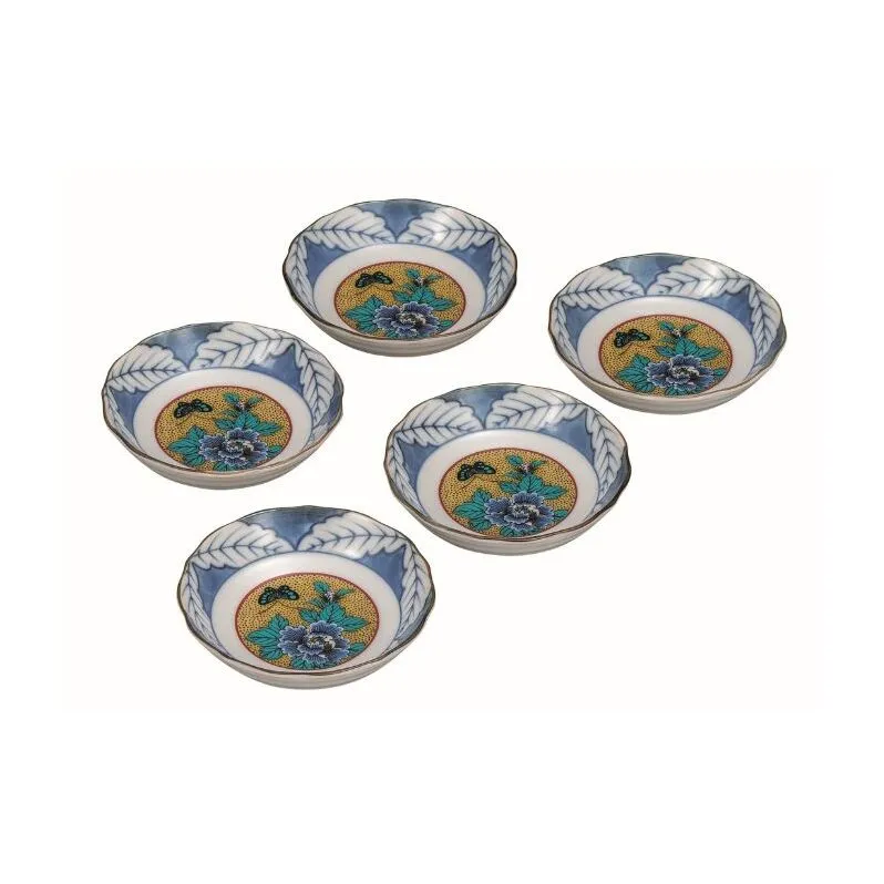 九谷焼 3.2号皿揃・吉田屋牡丹(5枚組)