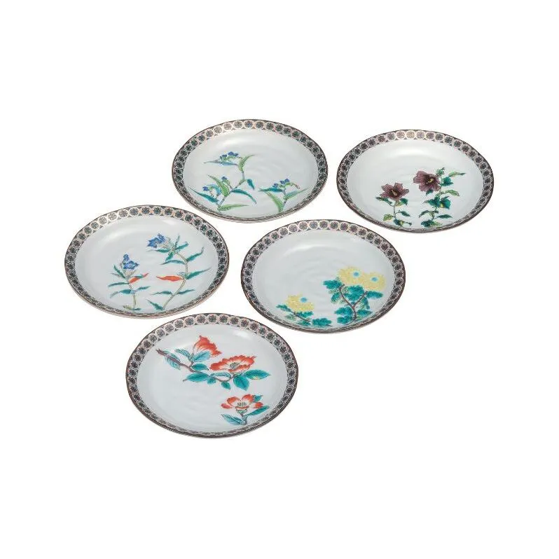 九谷焼 6号皿揃・金襴小紋五草花(5枚組)