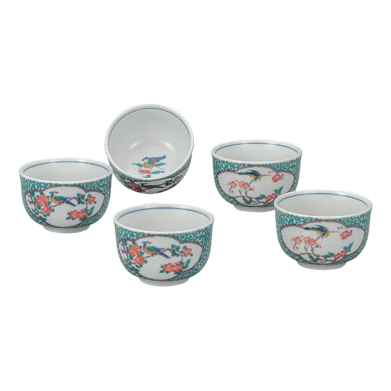 九谷焼 汲出揃・緑彩唐草花鳥